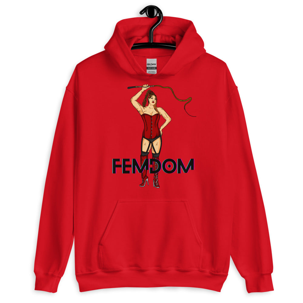 Front-view red hoodie with a corseted woman holding a whip above the word “FEMDOM”