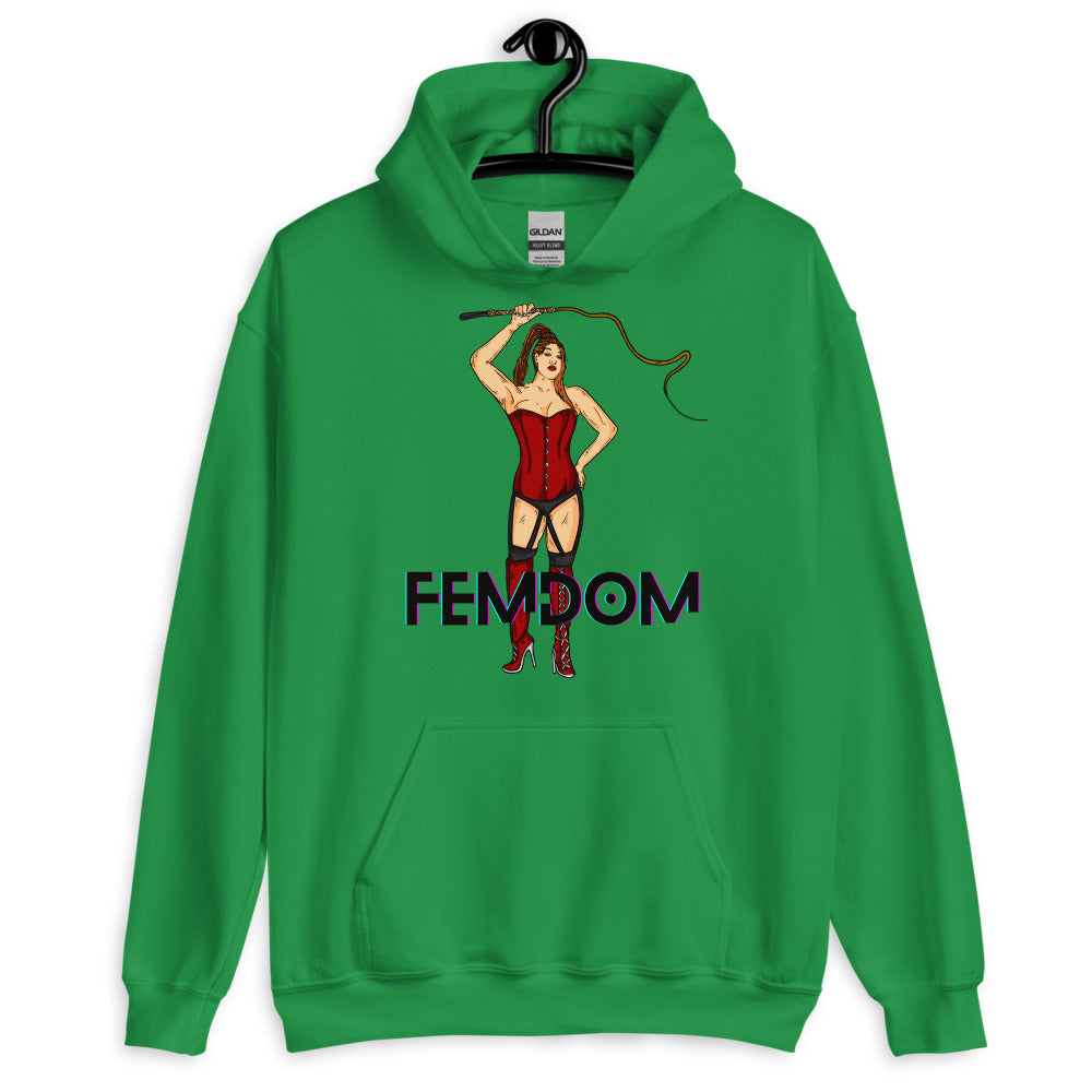 Front view of a green hoodie with a whip-wielding woman and “FEMDOM” text