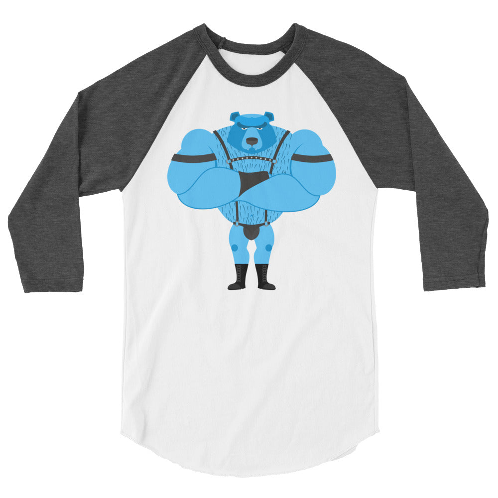 White raglan shirt with dark gray sleeves and a blue muscular bear in harness gear