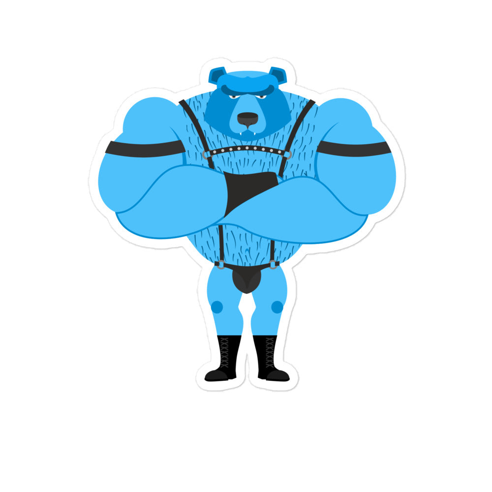 Blue muscular bear sticker wearing black fetish harness, jockstrap, and boots
