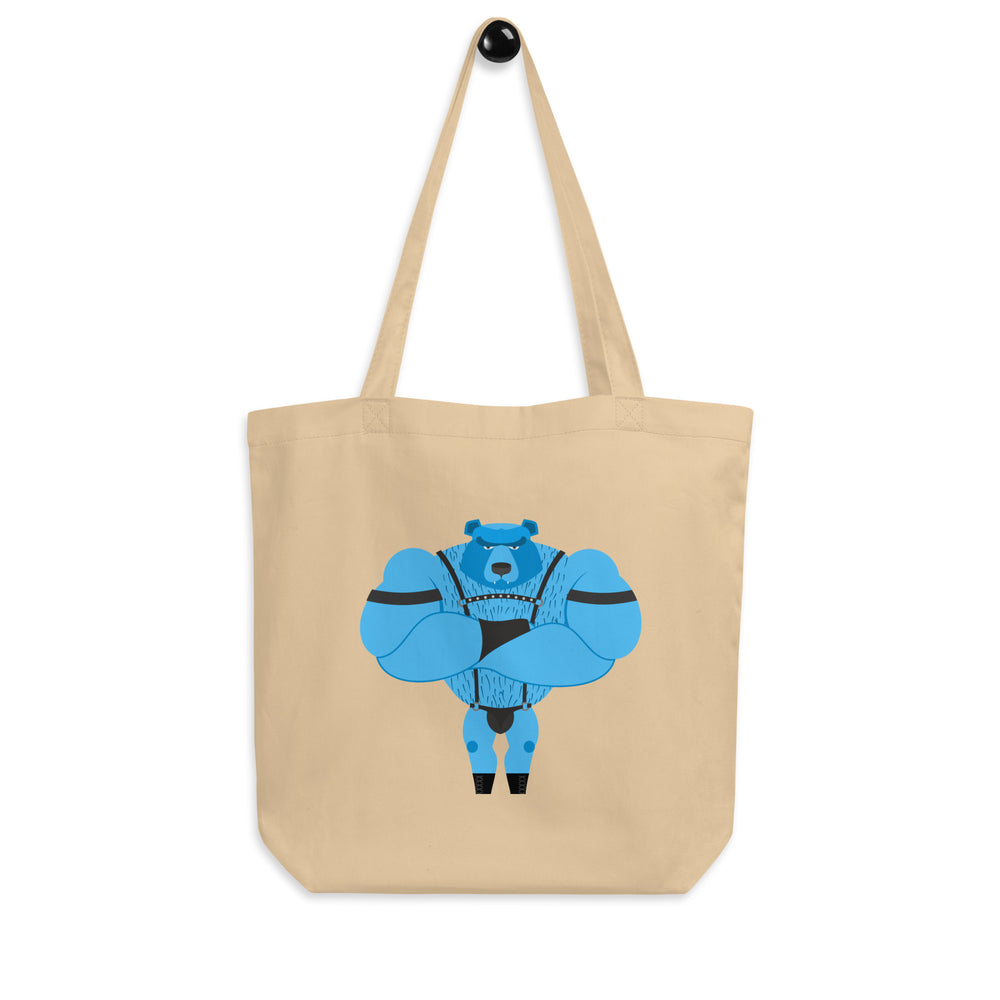 Natural canvas tote bag with a blue bear in black fetish harness and underwear