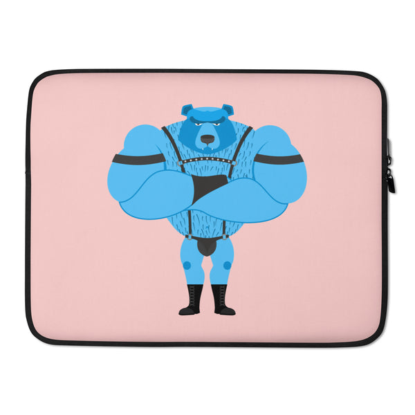 Front view of a pink laptop sleeve with a blue bear in black leather-style gear