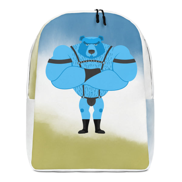 Front-view backpack with a blue bear in black harness gear on a pale green background
