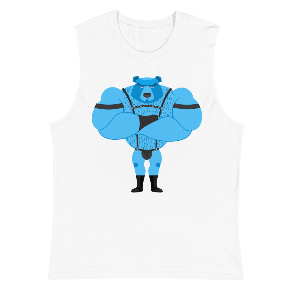 White sleeveless muscle tank with a blue muscular bear in black fetish gear