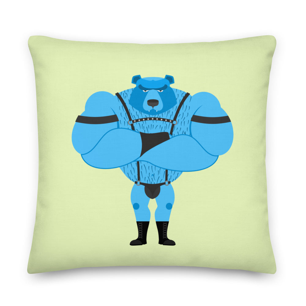 Light green pillow featuring a blue bear in black leather-style fetish gear