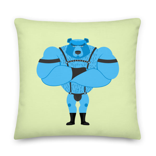Light green pillow featuring a blue bear in black leather-style fetish gear