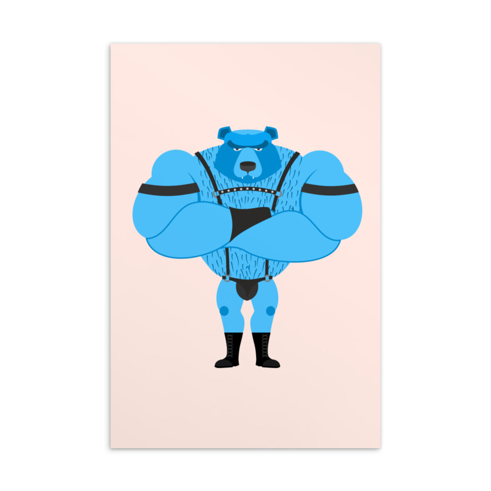 Blue muscular bear in black fetish harness, briefs, boots, and armbands on a pink postcard