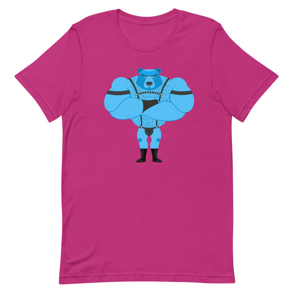 Berry-pink T-shirt with a blue muscular bear in black fetish harness gear