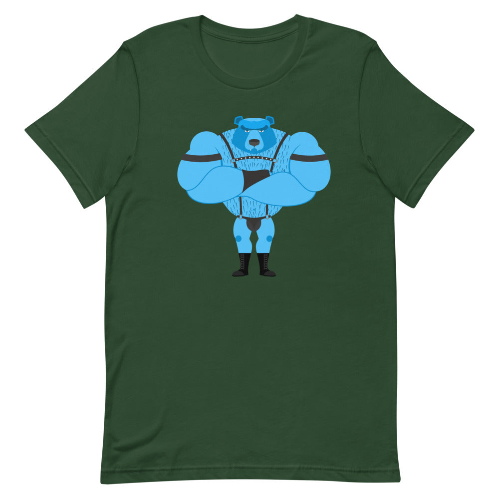 Dark forest-green T-shirt with a blue muscular bear in black harness and briefs