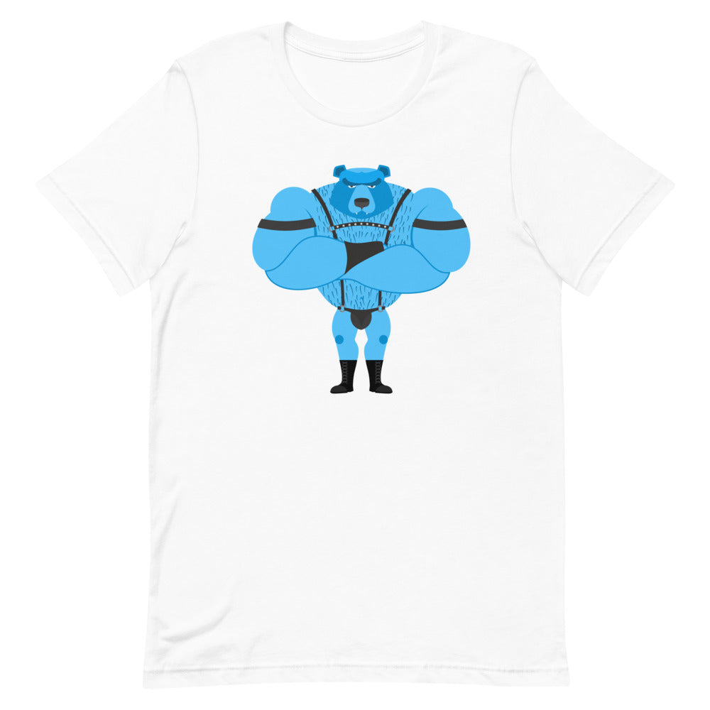 White unisex crew-neck T-shirt featuring a bold blue cartoon bear in leather harness, shorts, and boots—queer bear pride style.