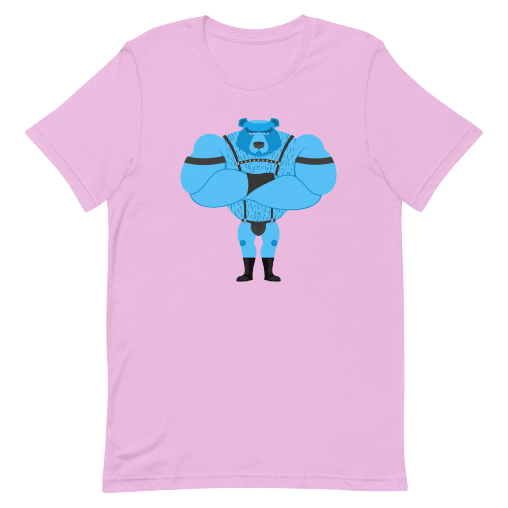 Front view of a lilac T-shirt with a blue bear in black leather-style gear