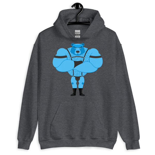 Dark gray hoodie with a blue muscular bear in harnesses and boots on the front