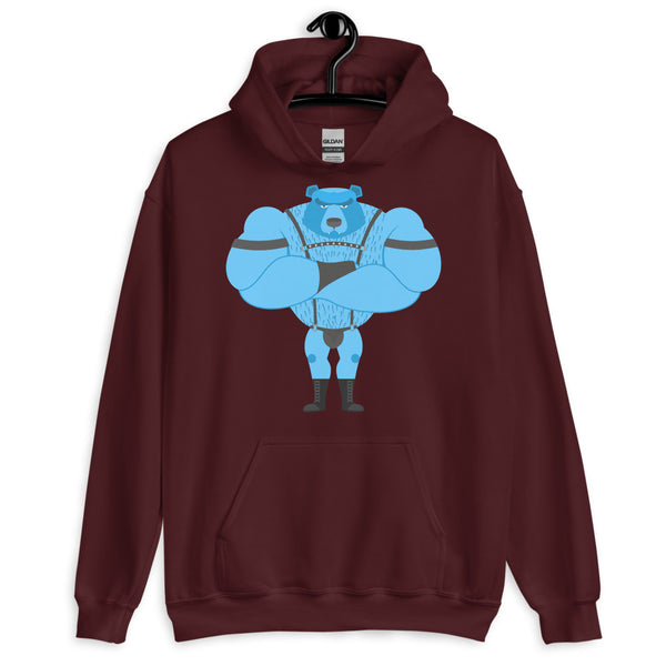 Maroon hoodie with a blue muscular bear in leather-style fetish gear