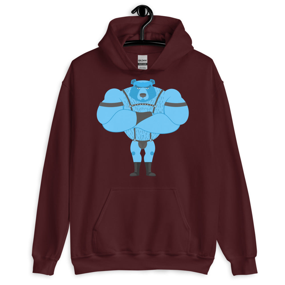 Maroon hoodie with a blue muscular bear in leather-style fetish gear