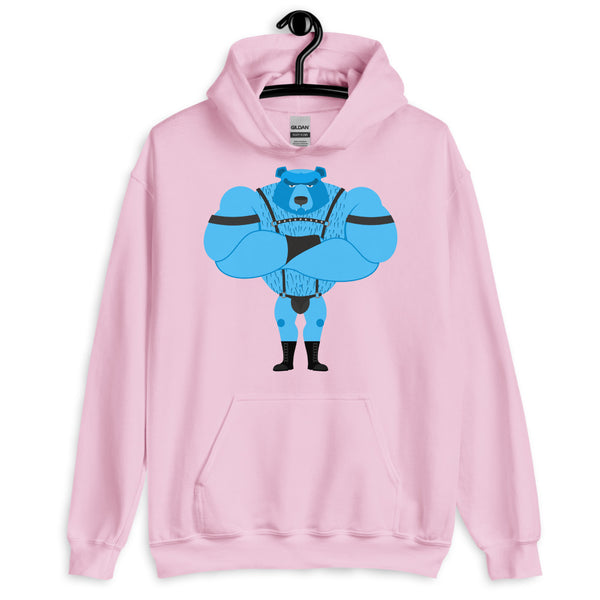Pink hoodie on a hanger with a blue bear in black fetish gear graphic