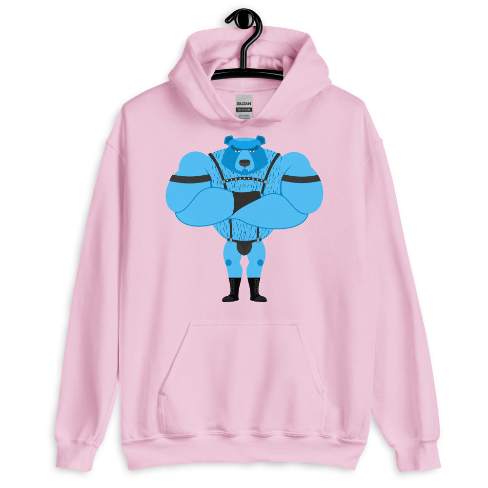 Pink hoodie on a hanger with a blue bear in black fetish gear graphic