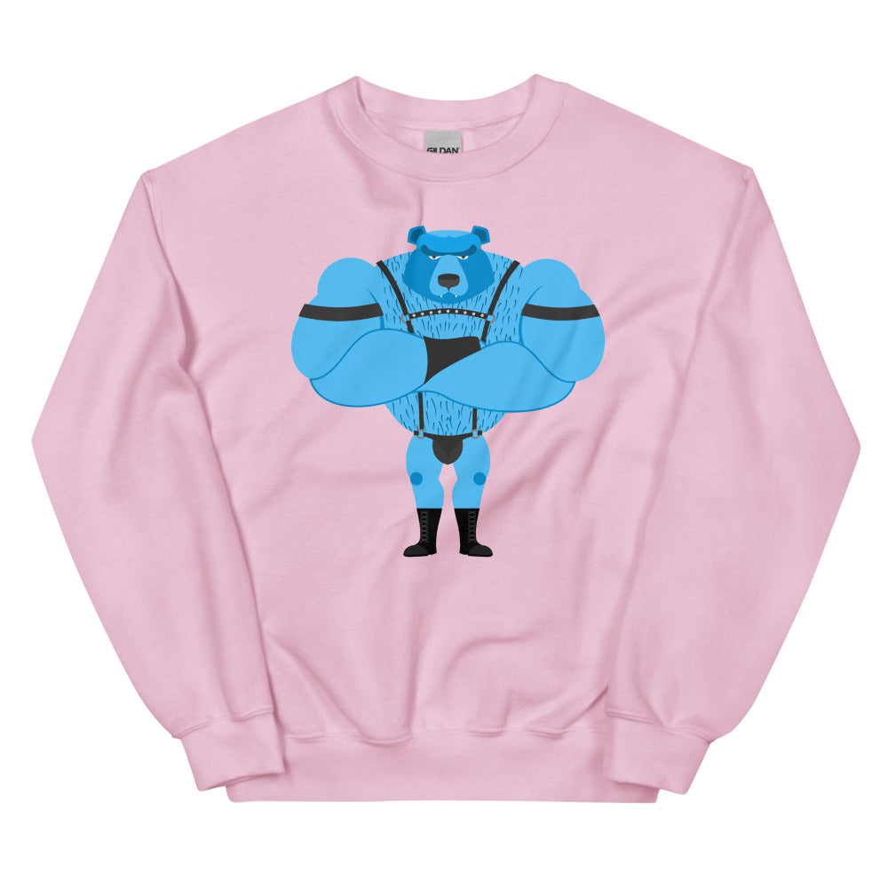 Front view of a pink sweatshirt with a blue muscular bear in black fetish gear