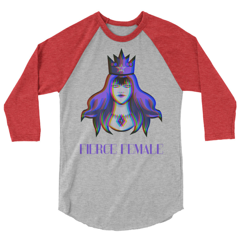 Gray raglan shirt with red three-quarter sleeves, crowned woman graphic, and “FIERCE FEMALE” text