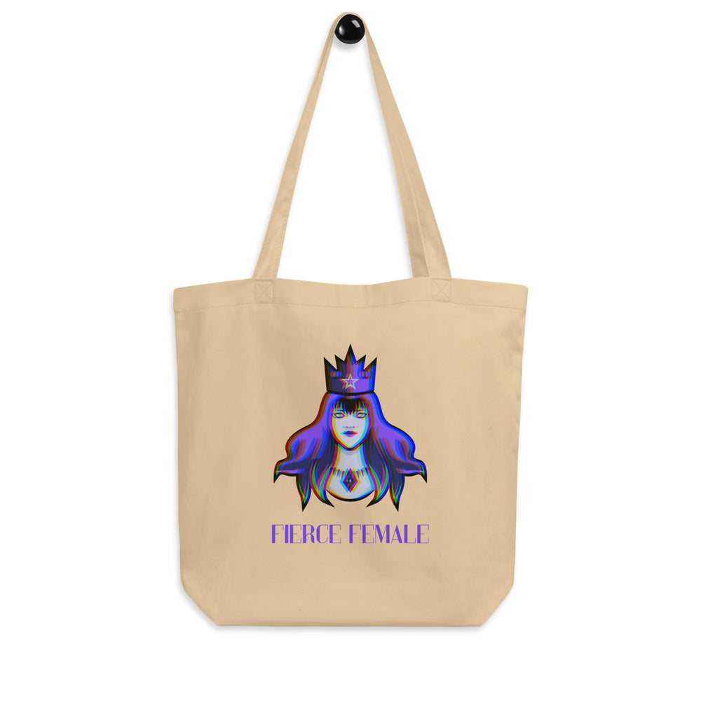 Natural canvas tote with colorful crowned woman graphic and “FIERCE FEMALE” text