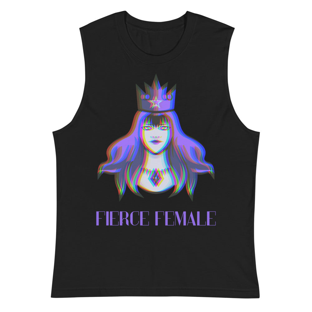 Black sleeveless muscle tank with a colorful crowned woman graphic and “FIERCE FEMALE” text