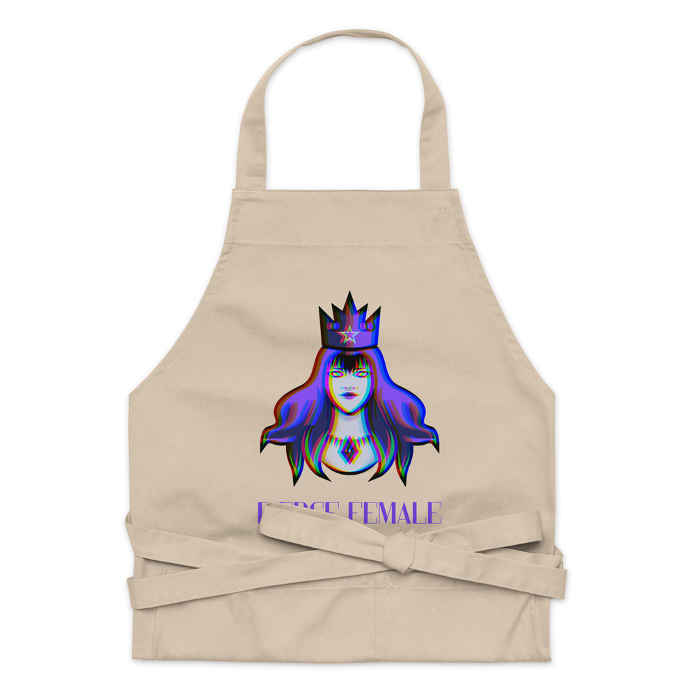 Front view of a beige apron with a colorful crowned woman graphic and “FIERCE FEMALE” text.