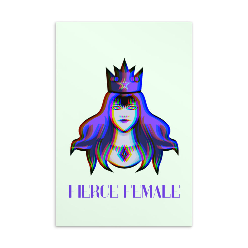 Postcard with a crowned, long-haired woman in vivid multicolor art and “FIERCE FEMALE” text