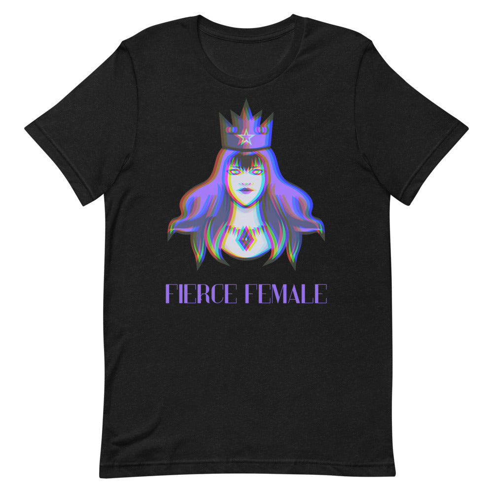 Front-facing black T-shirt with a crowned, colorful female figure and “FIERCE FEMALE” text