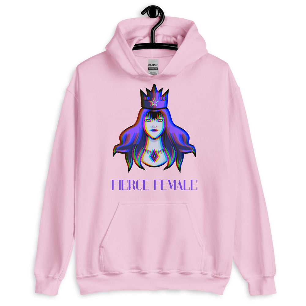 Front-facing light pink hoodie with a crowned female graphic and “FIERCE FEMALE” text