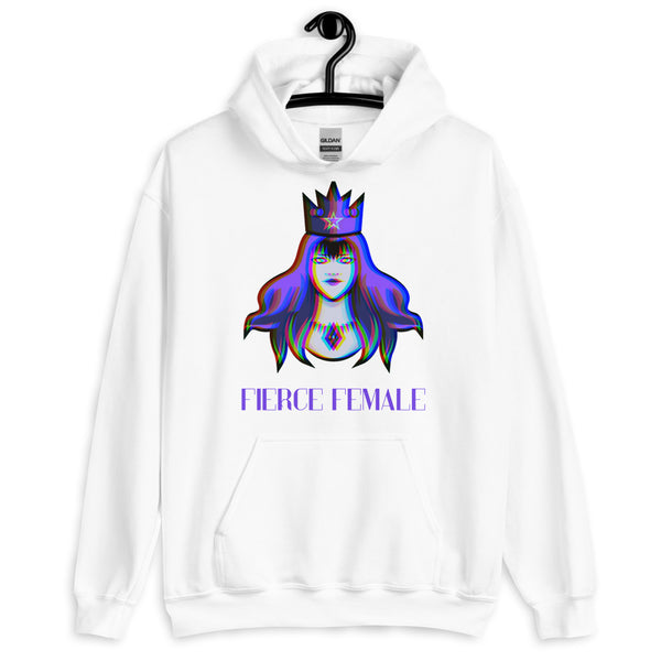 White pullover hoodie on a hanger with a crowned female illustration and “FIERCE FEMALE” text