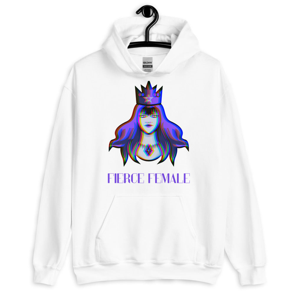 White pullover hoodie on a hanger with a crowned female illustration and “FIERCE FEMALE” text