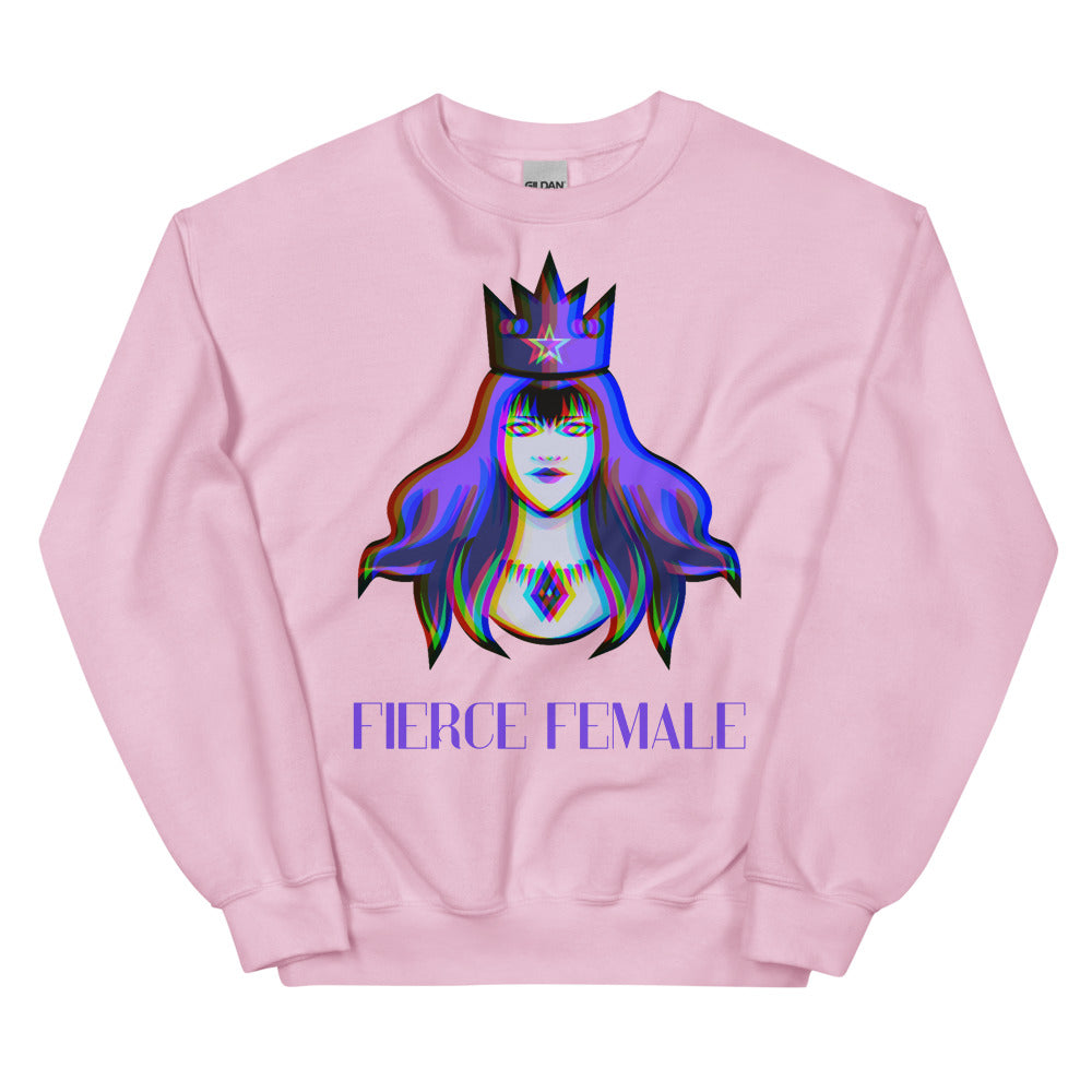 Front view of a pink sweatshirt with a crowned woman graphic and “FIERCE FEMALE” text