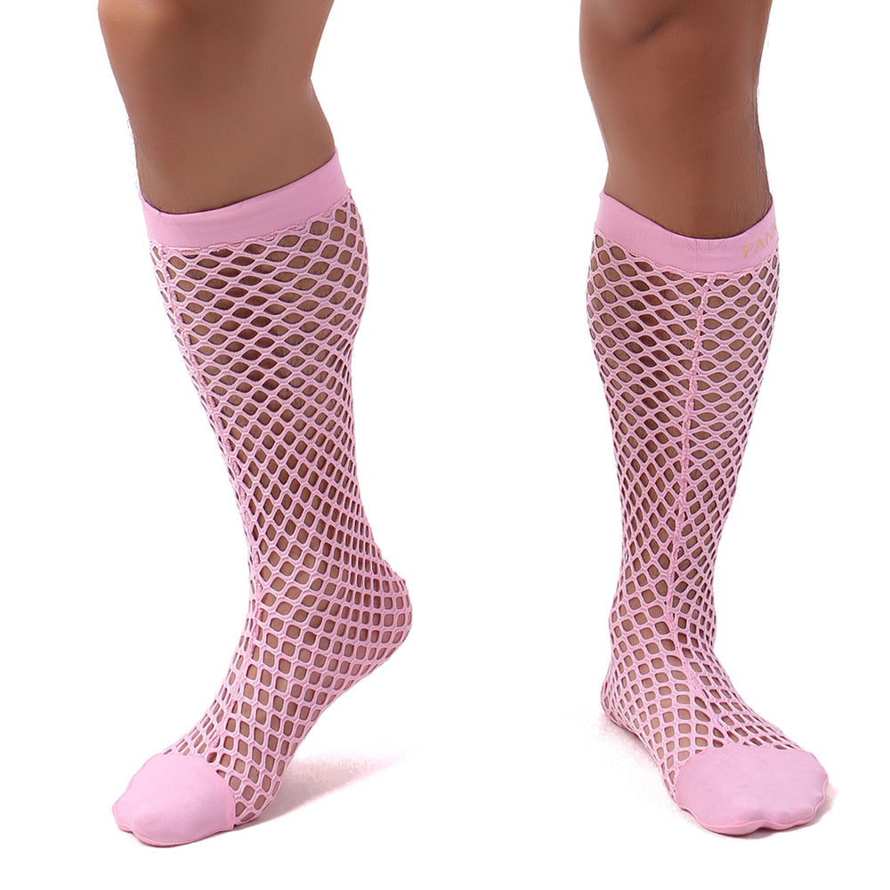 Close-up of legs wearing pink fishnet stockings with solid toes and cuffs