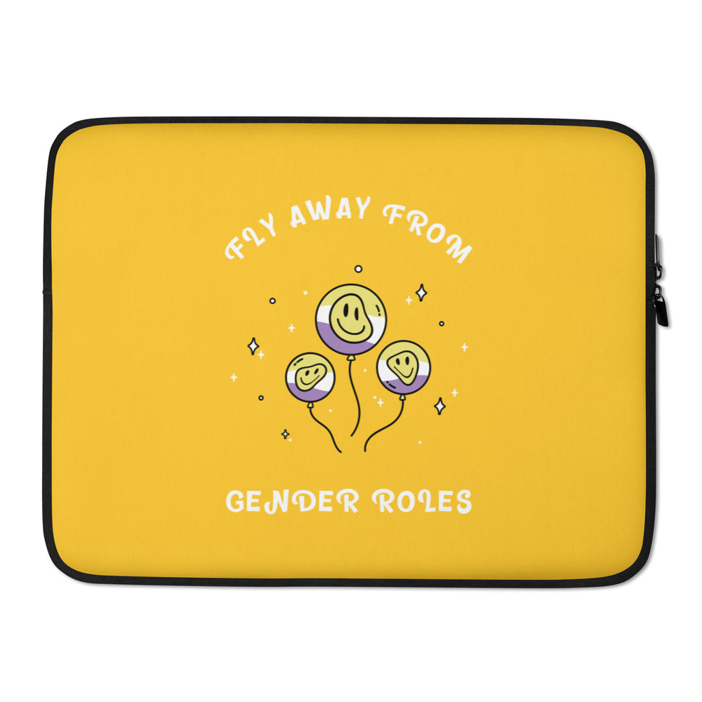 Yellow laptop sleeve with three smiling balloon faces and “FLY AWAY FROM GENDER ROLES” text
