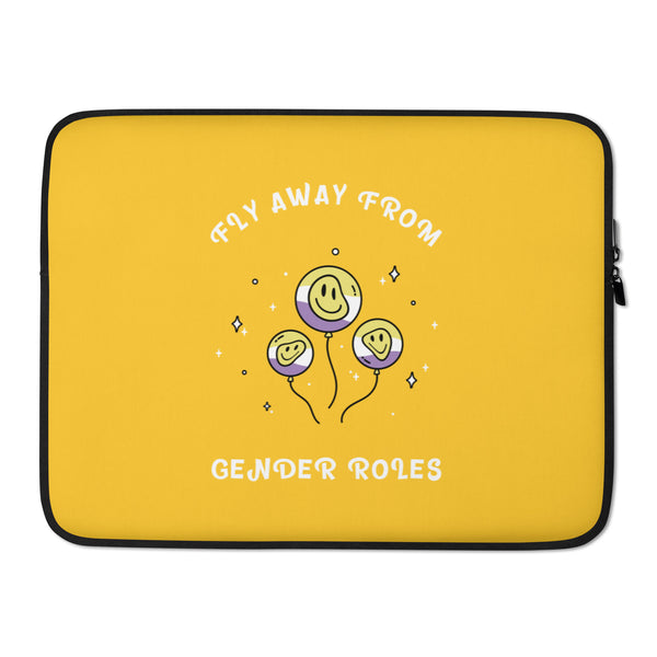 Yellow laptop sleeve with three smiling balloon faces and “FLY AWAY FROM GENDER ROLES” text