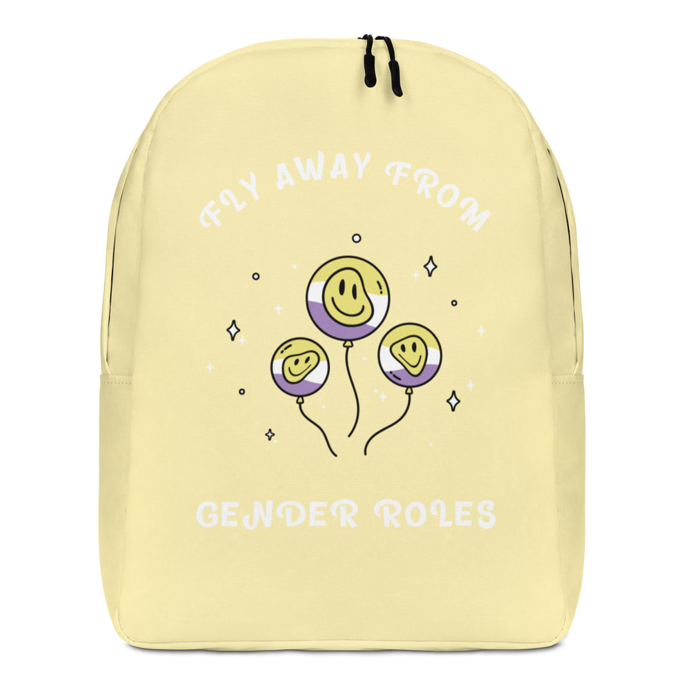 Front view of a pale yellow backpack reading “FLY AWAY FROM GENDER ROLES” with smiley balloons