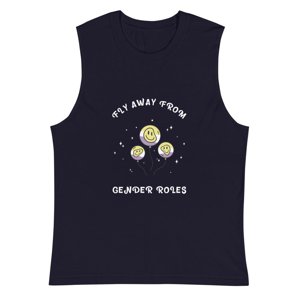 Navy muscle tank top reading “FLY AWAY FROM GENDER ROLES” above three smiling balloons