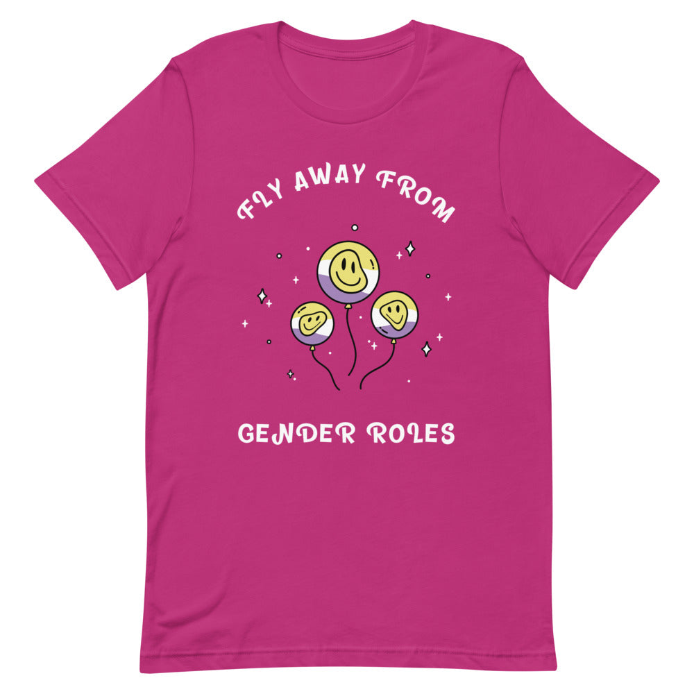 Berry T-shirt reading “FLY AWAY FROM GENDER ROLES,” with smiling balloon faces and stars
