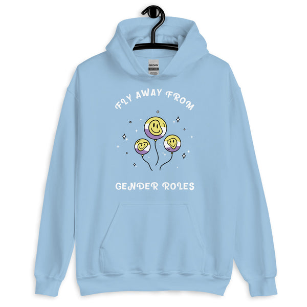 Light blue hoodie on a hanger with “FLY AWAY FROM GENDER ROLES” and balloon faces