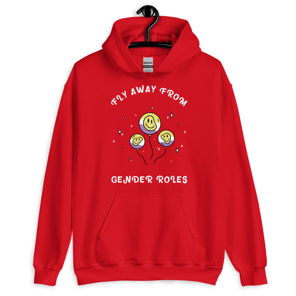 Front view of a red hoodie reading “Fly Away From Gender Roles,” with three balloon faces