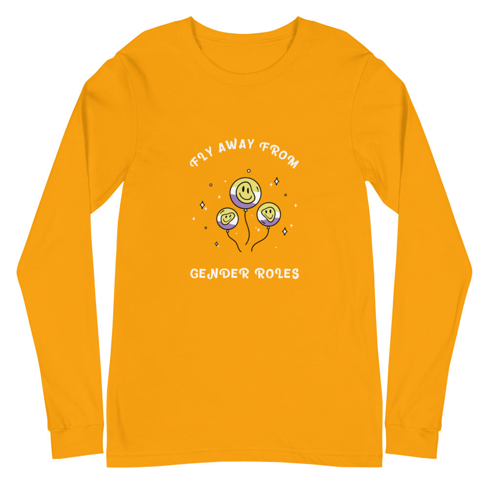 Front view of a gold long-sleeve shirt reading “FLY AWAY FROM GENDER ROLES”