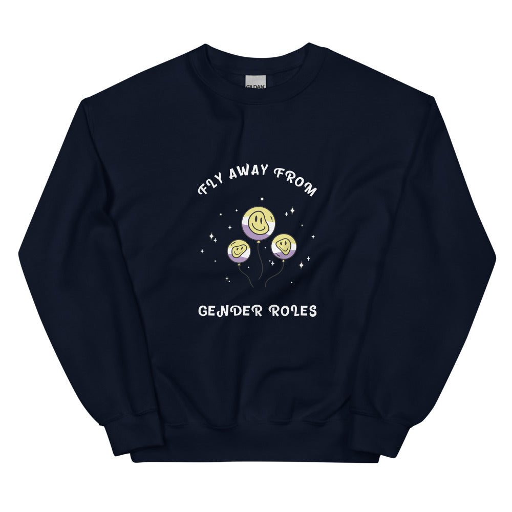 Front view of a navy sweatshirt reading “FLY AWAY FROM GENDER ROLES” with smiley balloons
