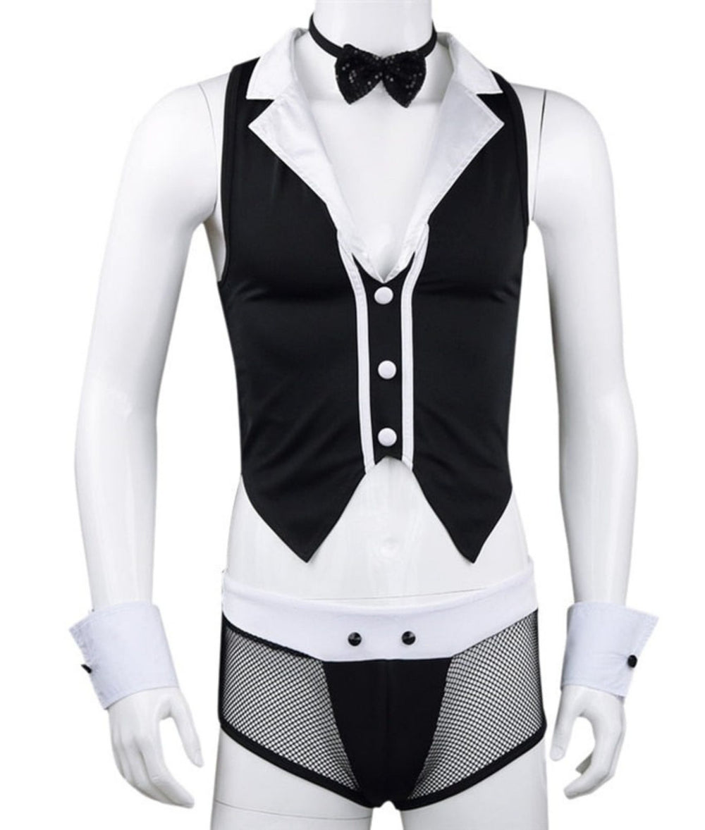 Front view of a black-and-white French maid costume on a headless mannequin