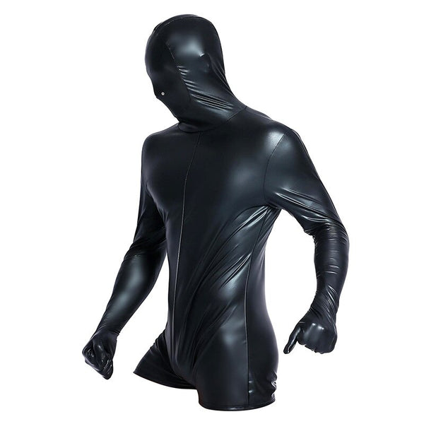 Head-to-thigh view of a black glossy PVC gimp suit with a fully covered hood, gloves, and long sleeves