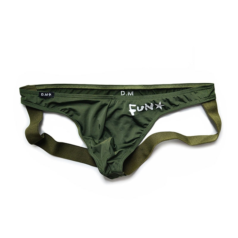 Front view of an olive green jockstrap with white “FUN★” lettering and exposed straps