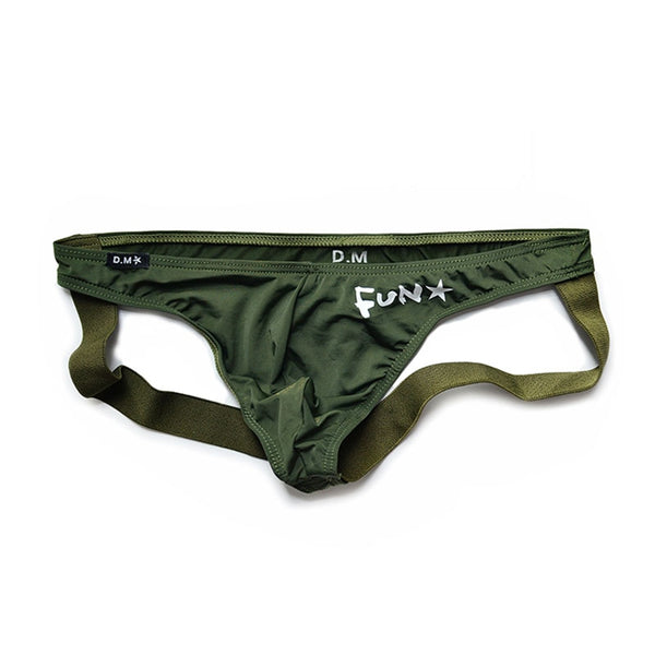 Front view of an olive green jockstrap with white “FUN★” lettering and exposed straps