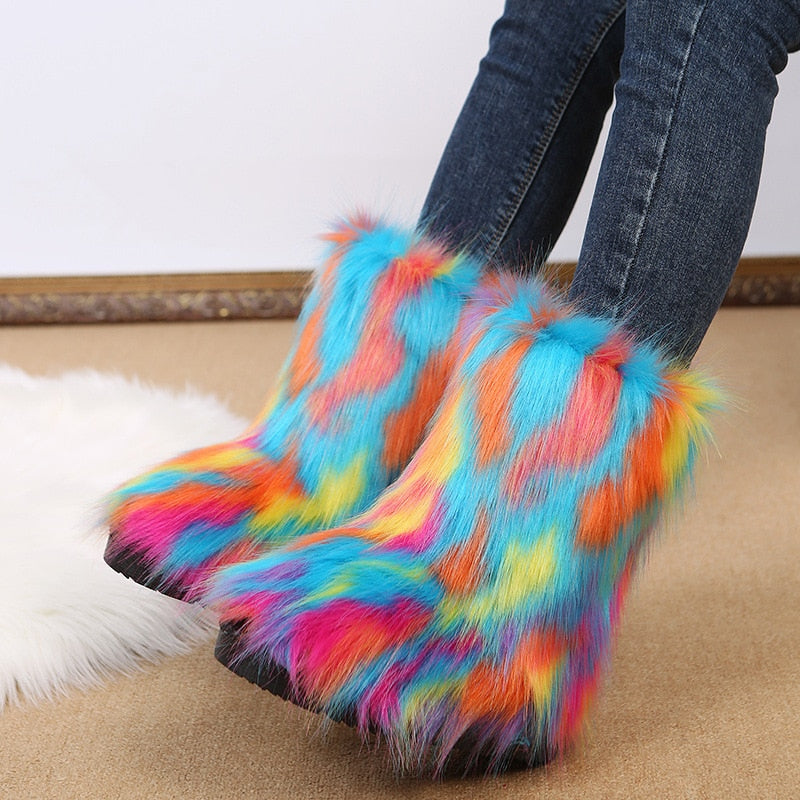 Pair of ankle-high faux-fur boots with bright multicolor shaggy fur, worn with jeans