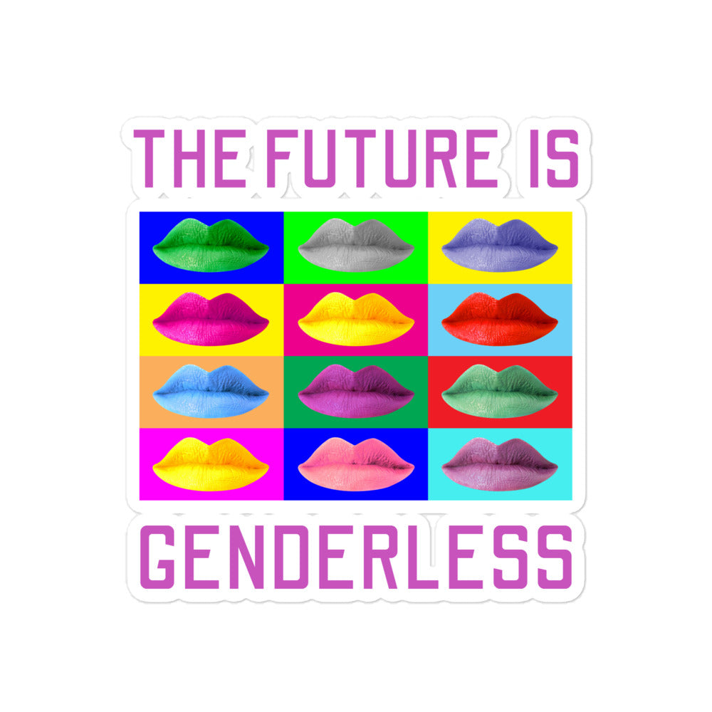 Sticker reading “THE FUTURE IS GENDERLESS” with 12 brightly colored lips in a grid