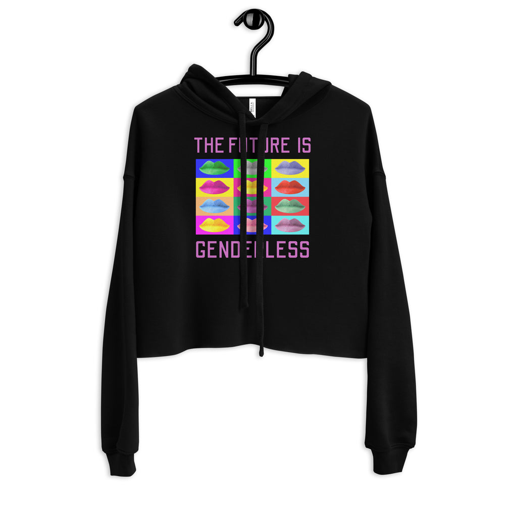 Front view of a black cropped hoodie on a hanger reading “THE FUTURE IS GENDERLESS”