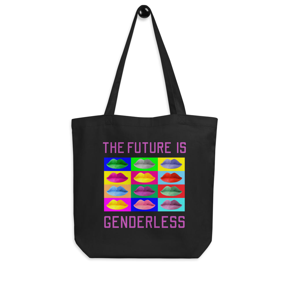 Front view of a black tote bag reading “THE FUTURE IS GENDERLESS,” with colorful lips in a grid