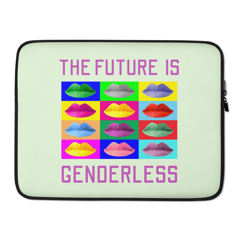 Front view of a pale green laptop sleeve reading “THE FUTURE IS GENDERLESS,” with colorful lips in a grid